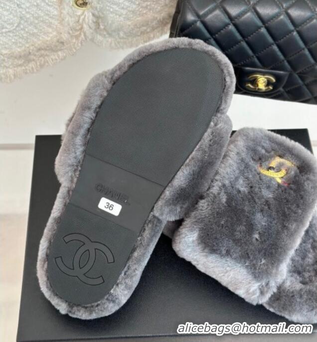 Grade Quality Chanel Wool Flat Slide Sandals with Stone CC Grey 901024