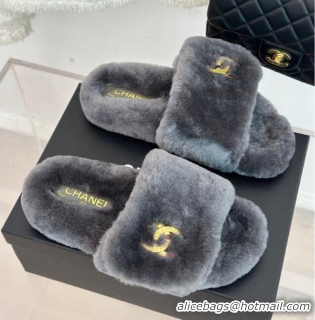 Grade Quality Chanel Wool Flat Slide Sandals with Stone CC Grey 901024