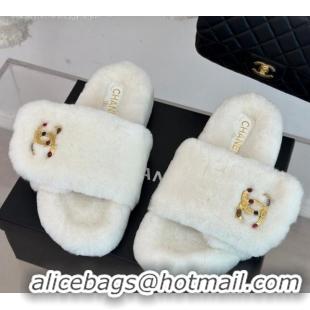 Top Grade Chanel Wool Flat Slide Sandals with Stone CC White 901025