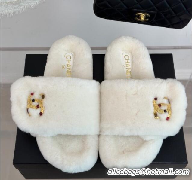 Top Grade Chanel Wool Flat Slide Sandals with Stone CC White 901025