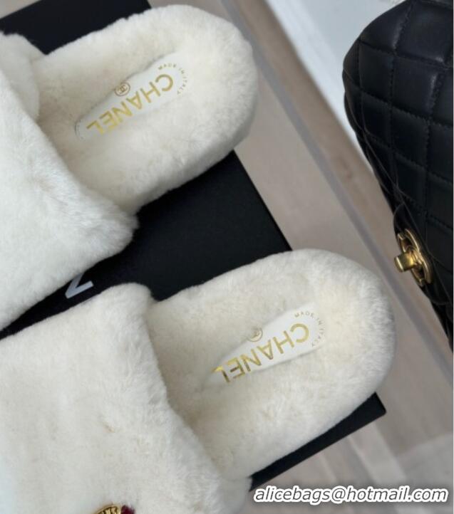 Top Grade Chanel Wool Flat Slide Sandals with Stone CC White 901025