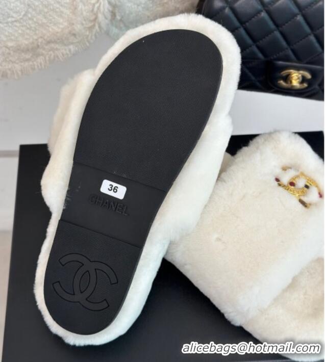 Top Grade Chanel Wool Flat Slide Sandals with Stone CC White 901025