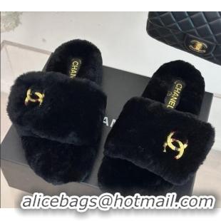 Best Price Chanel Wool Flat Slide Sandals with Stone CC Black 901026