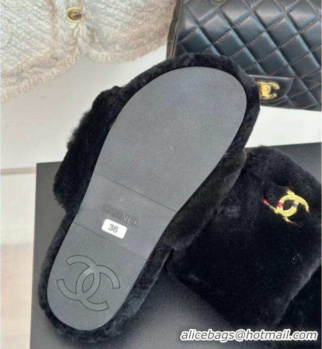 Best Price Chanel Wool Flat Slide Sandals with Stone CC Black 901026