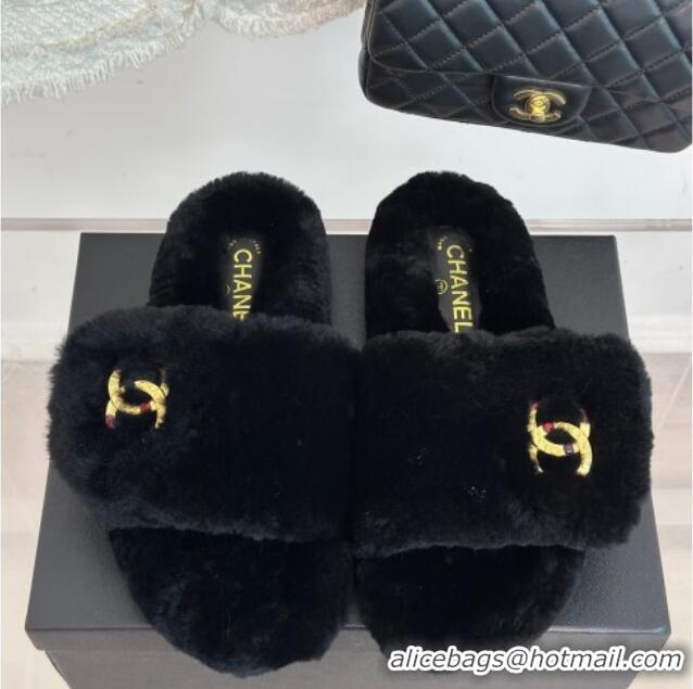 Best Price Chanel Wool Flat Slide Sandals with Stone CC Black 901026