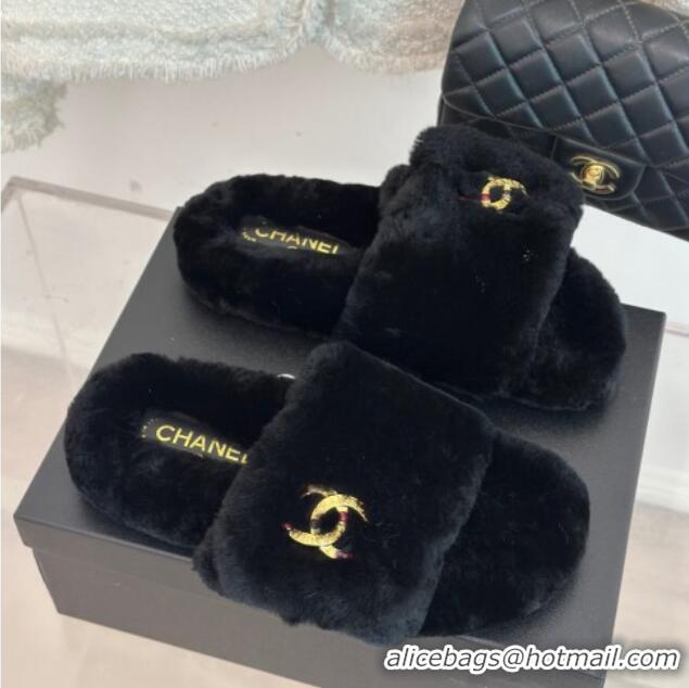 Best Price Chanel Wool Flat Slide Sandals with Stone CC Black 901026