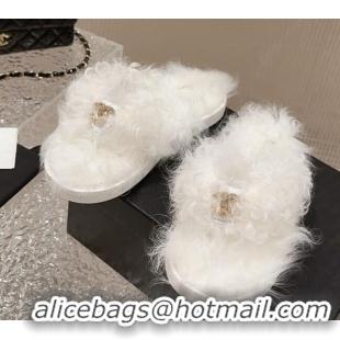 Good Looking Chanel Wool Fur Flat Thong Slide Sandals White 901027