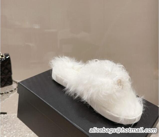 Good Looking Chanel Wool Fur Flat Thong Slide Sandals White 901027