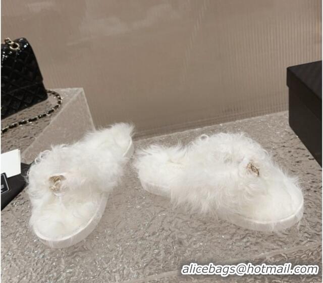 Good Looking Chanel Wool Fur Flat Thong Slide Sandals White 901027