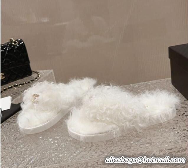 Good Looking Chanel Wool Fur Flat Thong Slide Sandals White 901027