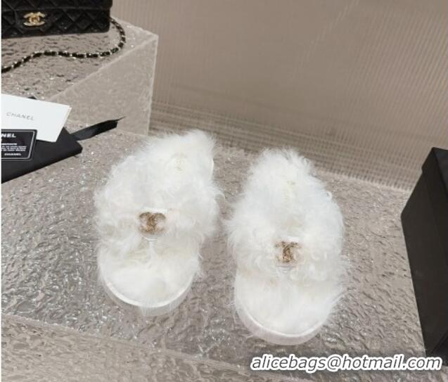 Good Looking Chanel Wool Fur Flat Thong Slide Sandals White 901027