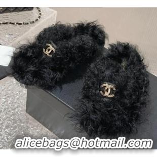 Charming Chanel Wool Fur Flat Thong Slide Sandals Black 901028