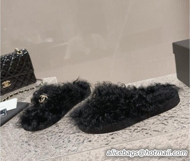 Charming Chanel Wool Fur Flat Thong Slide Sandals Black 901028