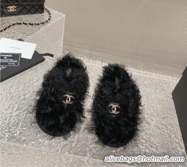 Charming Chanel Wool Fur Flat Thong Slide Sandals Black 901028