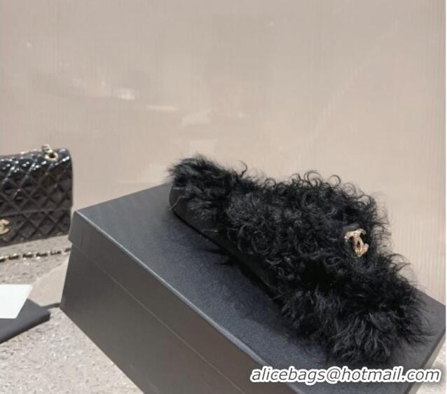 Charming Chanel Wool Fur Flat Thong Slide Sandals Black 901028