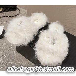 Top Design Chanel Wool Flat Slide Sandals with Crystal CC White 901029