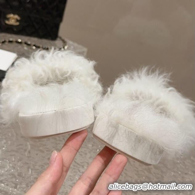 Top Design Chanel Wool Flat Slide Sandals with Crystal CC White 901029