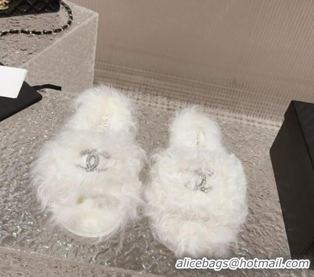 Top Design Chanel Wool Flat Slide Sandals with Crystal CC White 901029