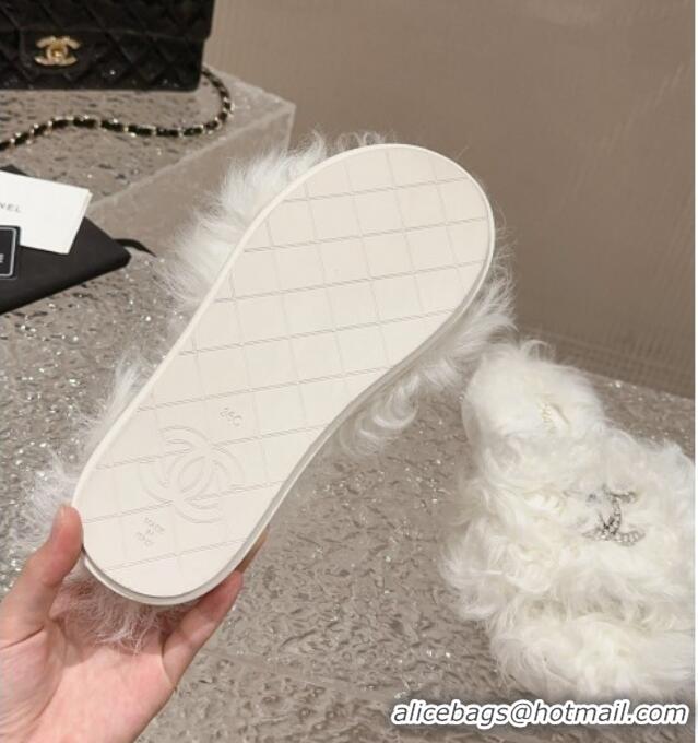 Top Design Chanel Wool Flat Slide Sandals with Crystal CC White 901029