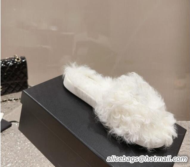 Top Design Chanel Wool Flat Slide Sandals with Crystal CC White 901029