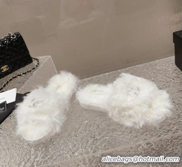 Top Design Chanel Wool Flat Slide Sandals with Crystal CC White 901029