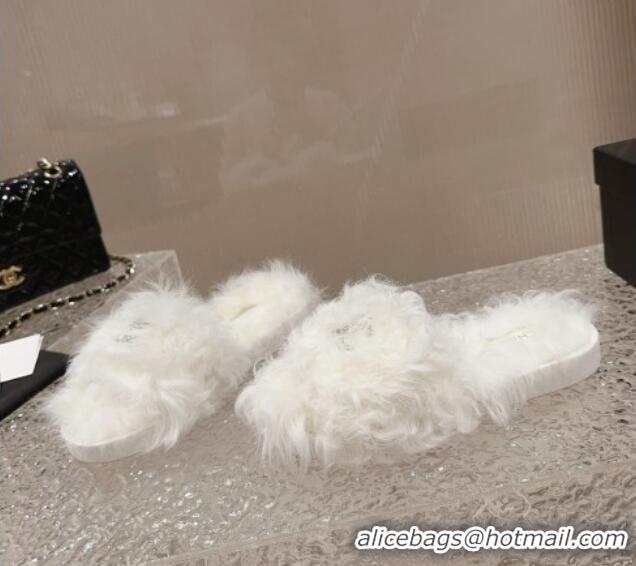 Top Design Chanel Wool Flat Slide Sandals with Crystal CC White 901029