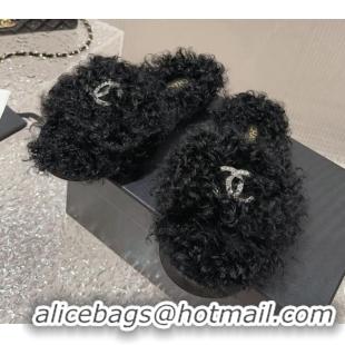 Best Product Chanel Wool Flat Slide Sandals with Crystal CC Black 901030