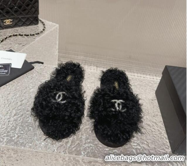 Best Product Chanel Wool Flat Slide Sandals with Crystal CC Black 901030