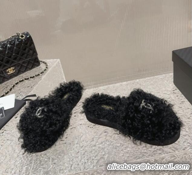 Best Product Chanel Wool Flat Slide Sandals with Crystal CC Black 901030