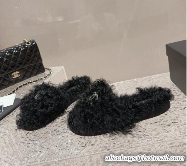 Best Product Chanel Wool Flat Slide Sandals with Crystal CC Black 901030