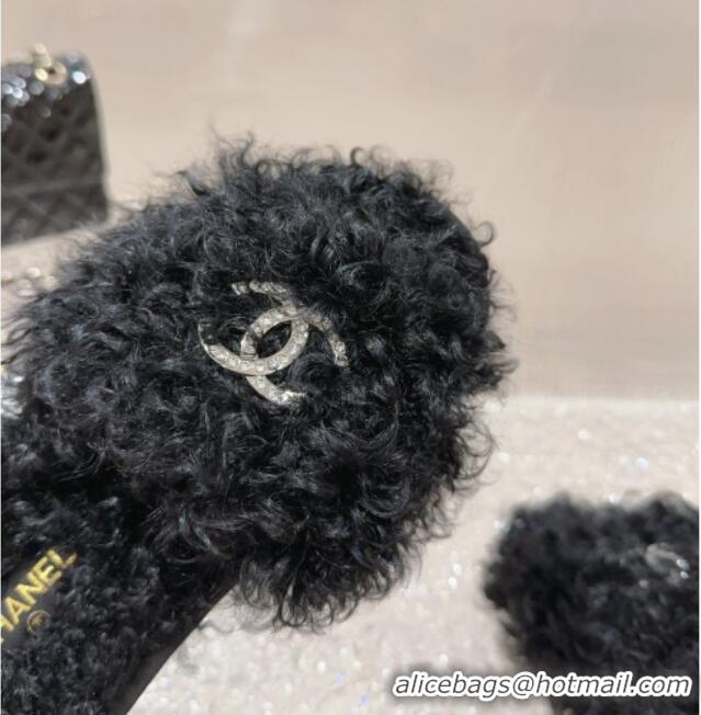 Best Product Chanel Wool Flat Slide Sandals with Crystal CC Black 901030