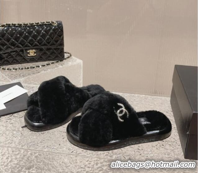 Low Price Chanel Wool Flat Slide Sandals with Cross Strap Black 901031