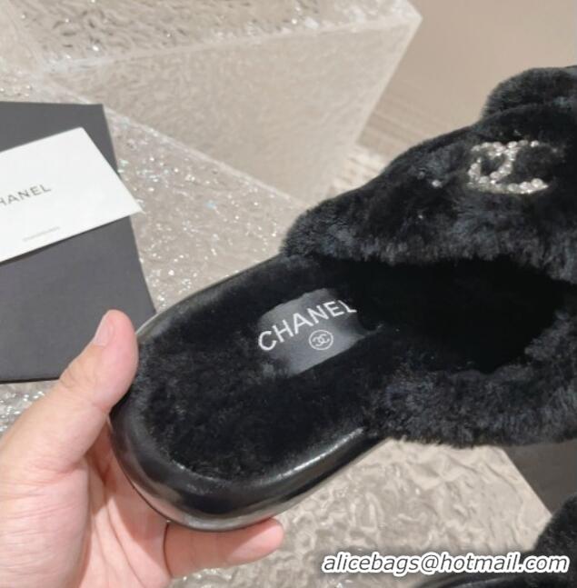 Low Price Chanel Wool Flat Slide Sandals with Cross Strap Black 901031