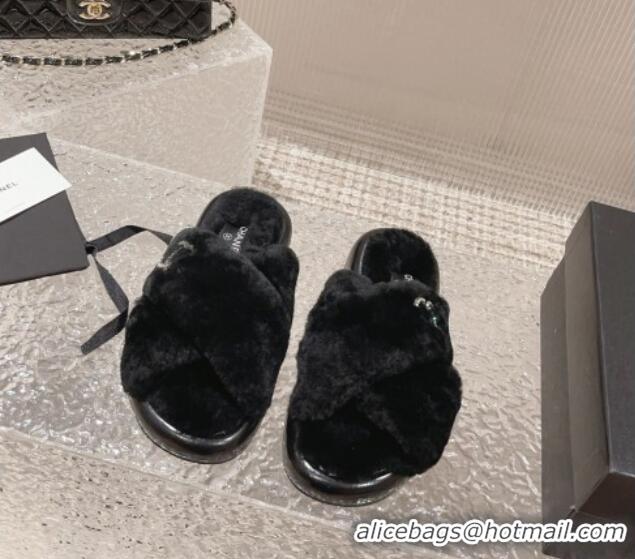 Low Price Chanel Wool Flat Slide Sandals with Cross Strap Black 901031