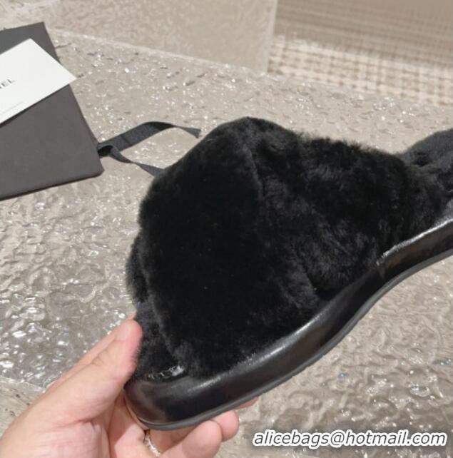 Low Price Chanel Wool Flat Slide Sandals with Cross Strap Black 901031