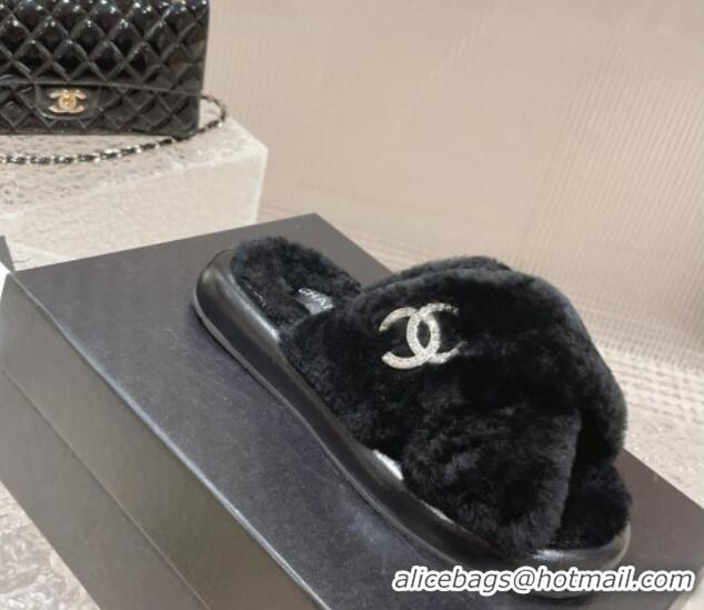 Low Price Chanel Wool Flat Slide Sandals with Cross Strap Black 901031