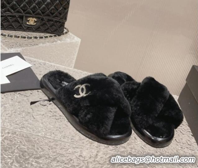 Low Price Chanel Wool Flat Slide Sandals with Cross Strap Black 901031