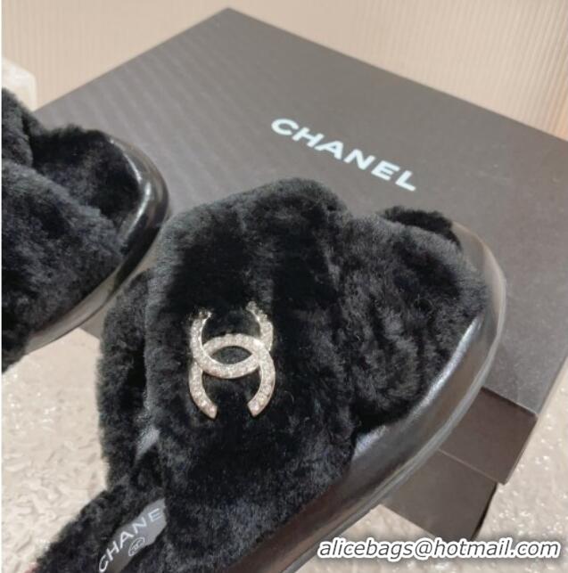 Low Price Chanel Wool Flat Slide Sandals with Cross Strap Black 901031