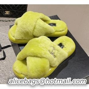 Pretty Style Chanel Wool Flat Slide Sandals with Cross Strap Green 901032