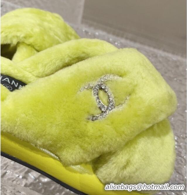 Pretty Style Chanel Wool Flat Slide Sandals with Cross Strap Green 901032