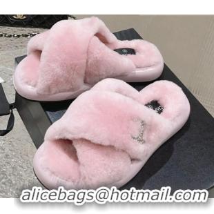 Durable Chanel Wool Flat Slide Sandals with Cross Strap Light Pink 901033