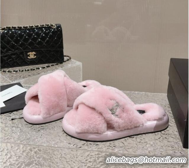 Durable Chanel Wool Flat Slide Sandals with Cross Strap Light Pink 901033