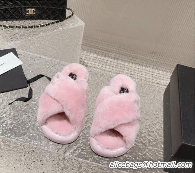 Durable Chanel Wool Flat Slide Sandals with Cross Strap Light Pink 901033