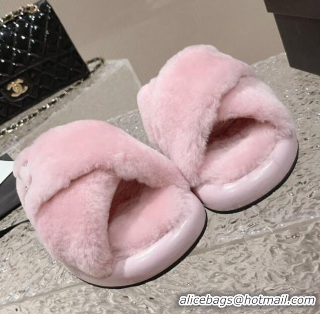 Durable Chanel Wool Flat Slide Sandals with Cross Strap Light Pink 901033