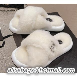 Unique Style Chanel Wool Flat Slide Sandals with Cross Strap White 901034