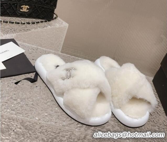 Unique Style Chanel Wool Flat Slide Sandals with Cross Strap White 901034