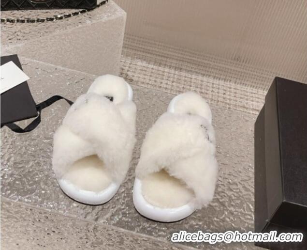 Unique Style Chanel Wool Flat Slide Sandals with Cross Strap White 901034