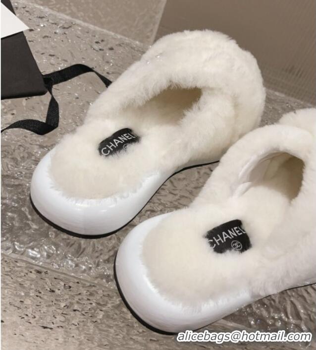 Unique Style Chanel Wool Flat Slide Sandals with Cross Strap White 901034