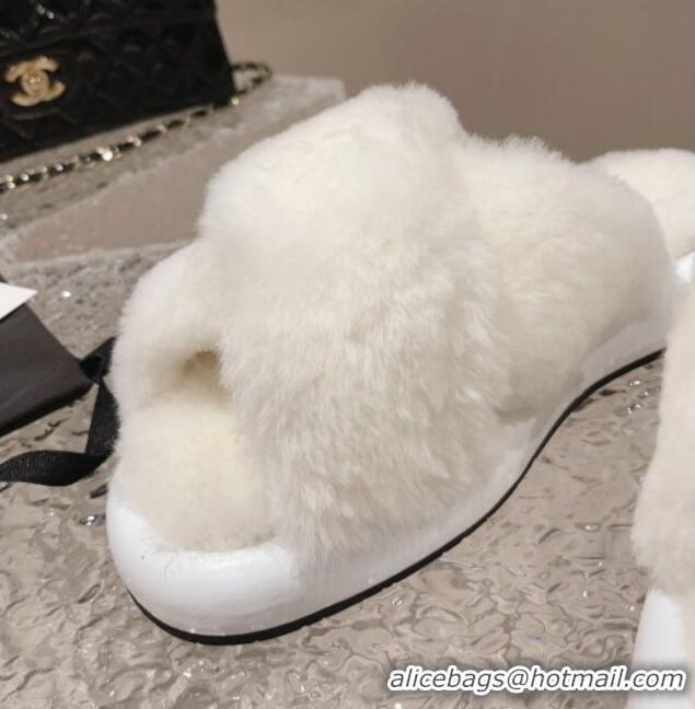 Unique Style Chanel Wool Flat Slide Sandals with Cross Strap White 901034