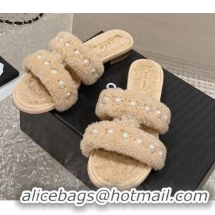 Popular Style Chanel Shearling Flat Slide Sandals with Pearls Beige 901035